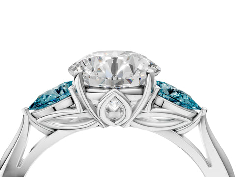 White gold Round Cut Diamond Three-Stone Ring with Pear with Blue Topaz side stone Side Stones and Prong Setting_52