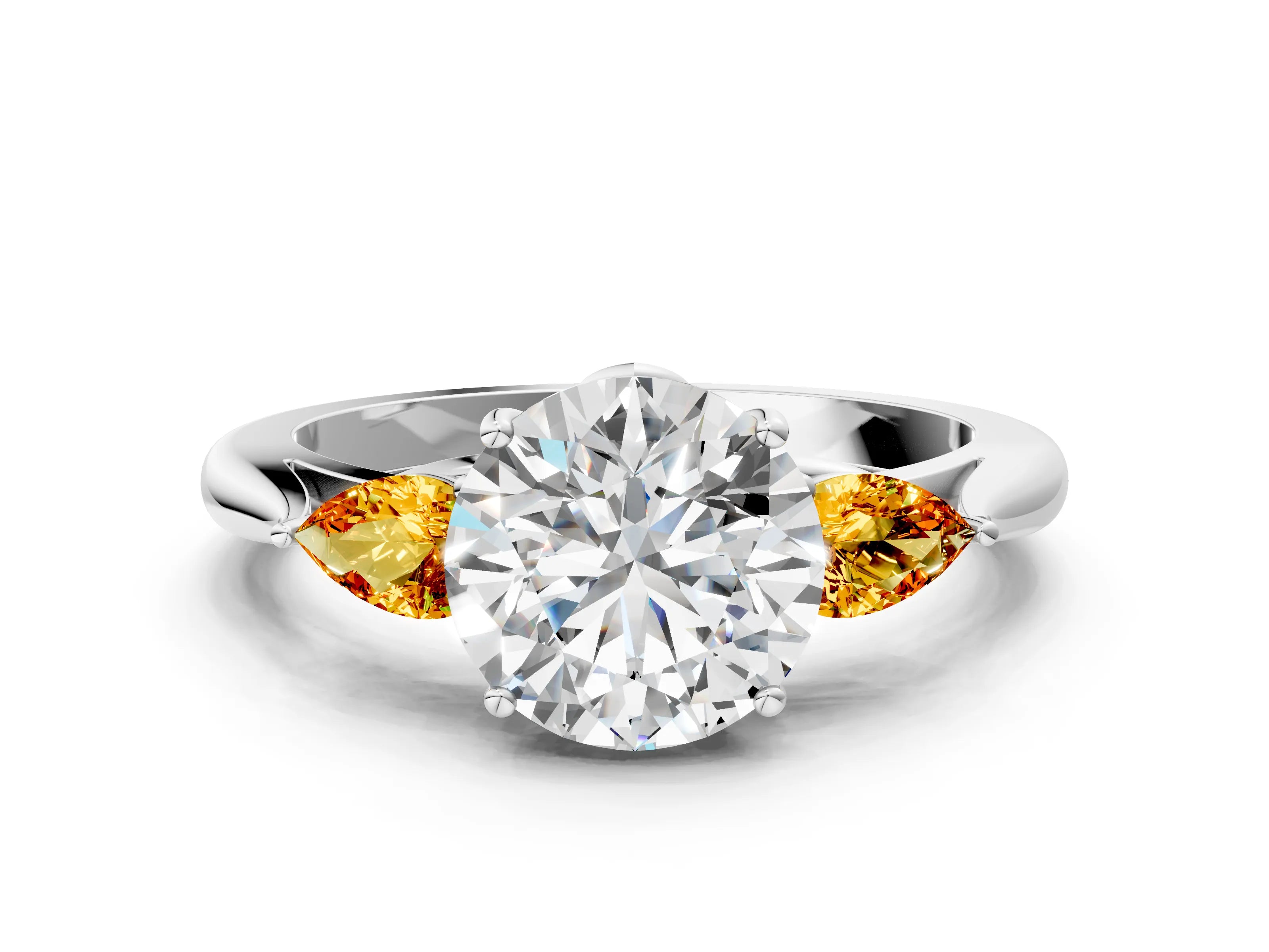 White gold Round Cut Diamond Three-Stone Ring with Pear with Citrine side stone Side Stones and Prong Setting_150