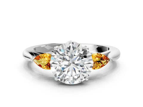 White gold Round Cut Diamond Three-Stone Ring with Pear with Citrine side stone Side Stones and Prong Setting_150