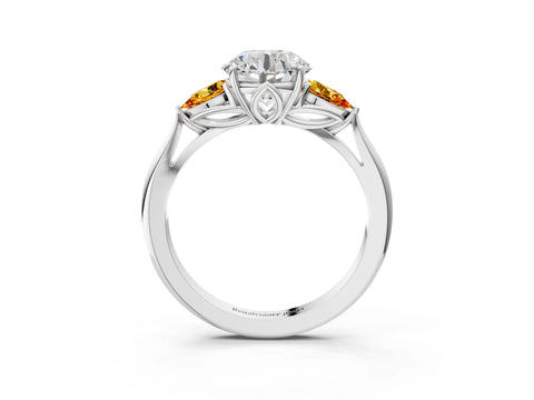 White gold Round Cut Diamond Three-Stone Ring with Pear with Citrine side stone Side Stones and Prong Setting_153