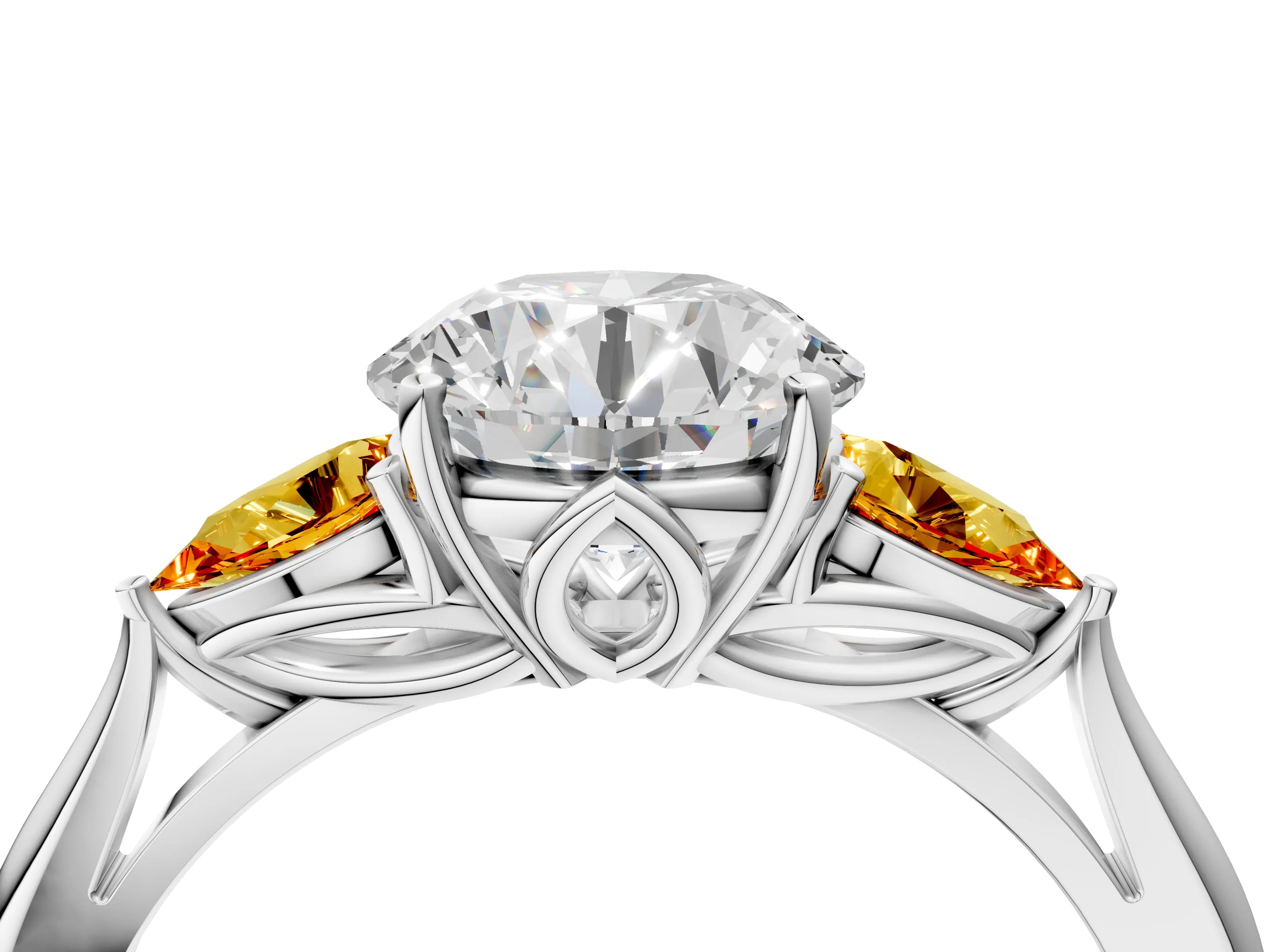 White gold Round Cut Diamond Three-Stone Ring with Pear with Citrine side stone Side Stones and Prong Setting_154