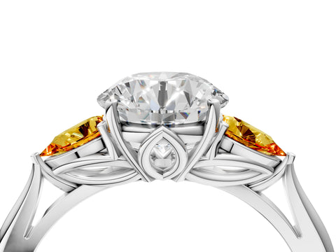 White gold Round Cut Diamond Three-Stone Ring with Pear with Citrine side stone Side Stones and Prong Setting_154