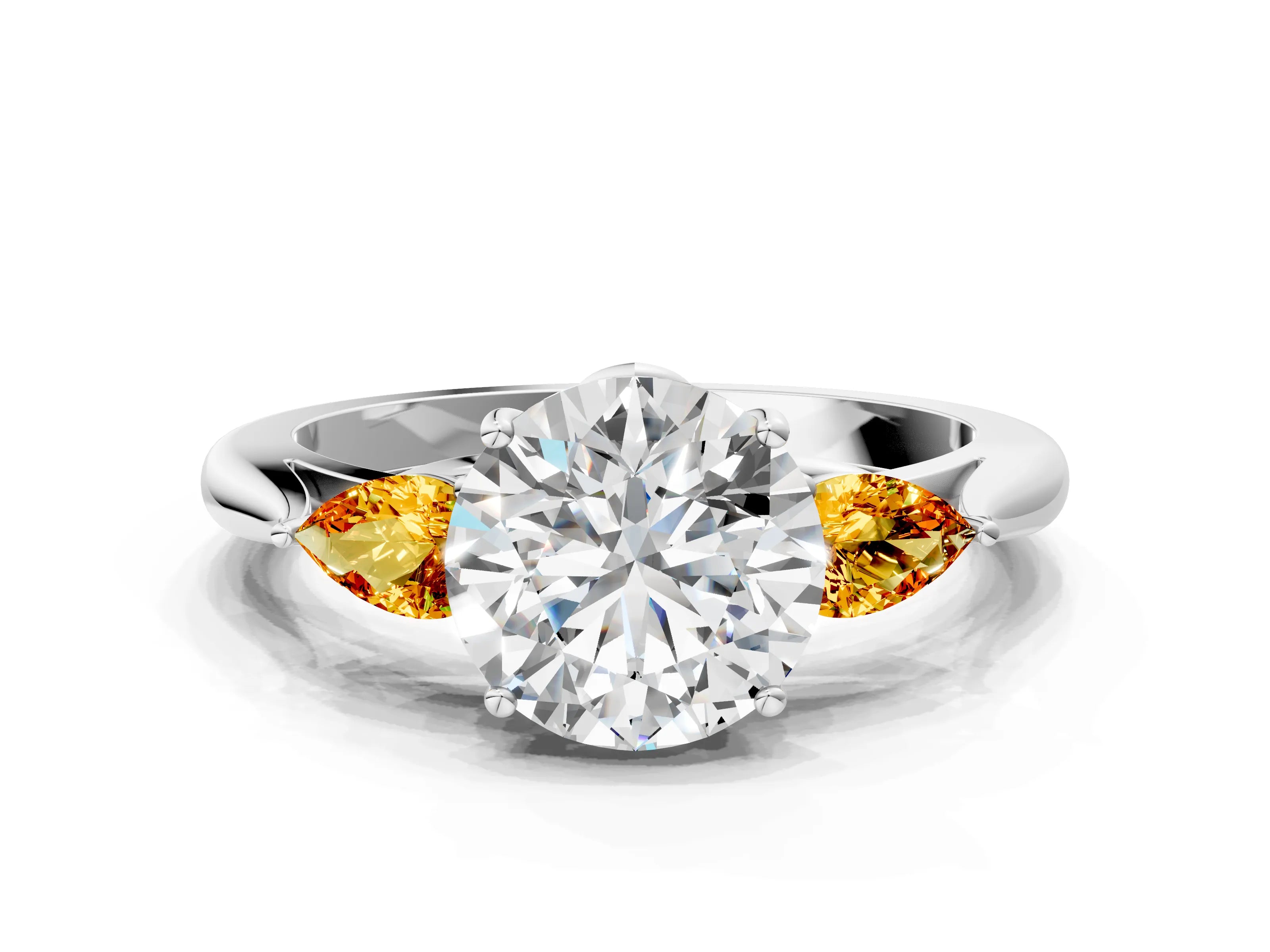 White gold Round Cut Diamond Three-Stone Ring with Pear with Citrine side stone Side Stones and Prong Setting_36