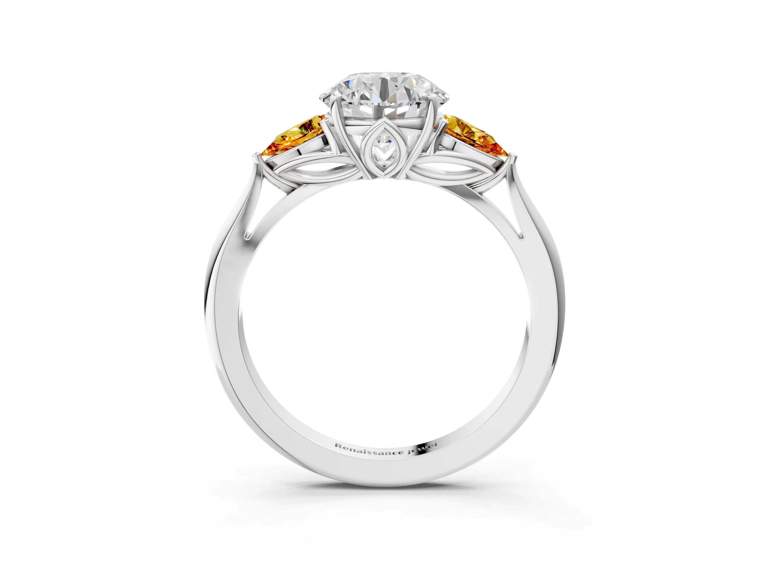 White gold Round Cut Diamond Three-Stone Ring with Pear with Citrine side stone Side Stones and Prong Setting_39