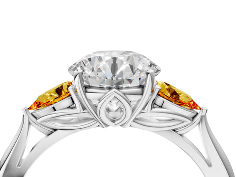 White gold Round Cut Diamond Three-Stone Ring with Pear with Citrine side stone Side Stones and Prong Setting_40