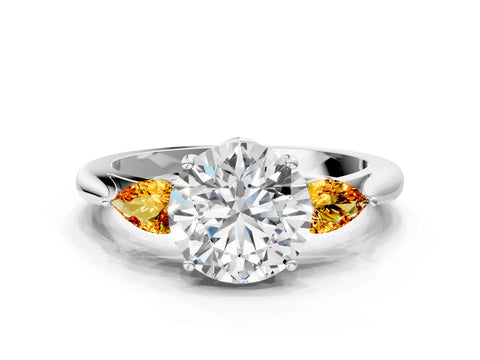 White gold Round Cut Diamond Three-Stone Ring with Pear with Citrine side stone Side Stones and Prong Setting_78