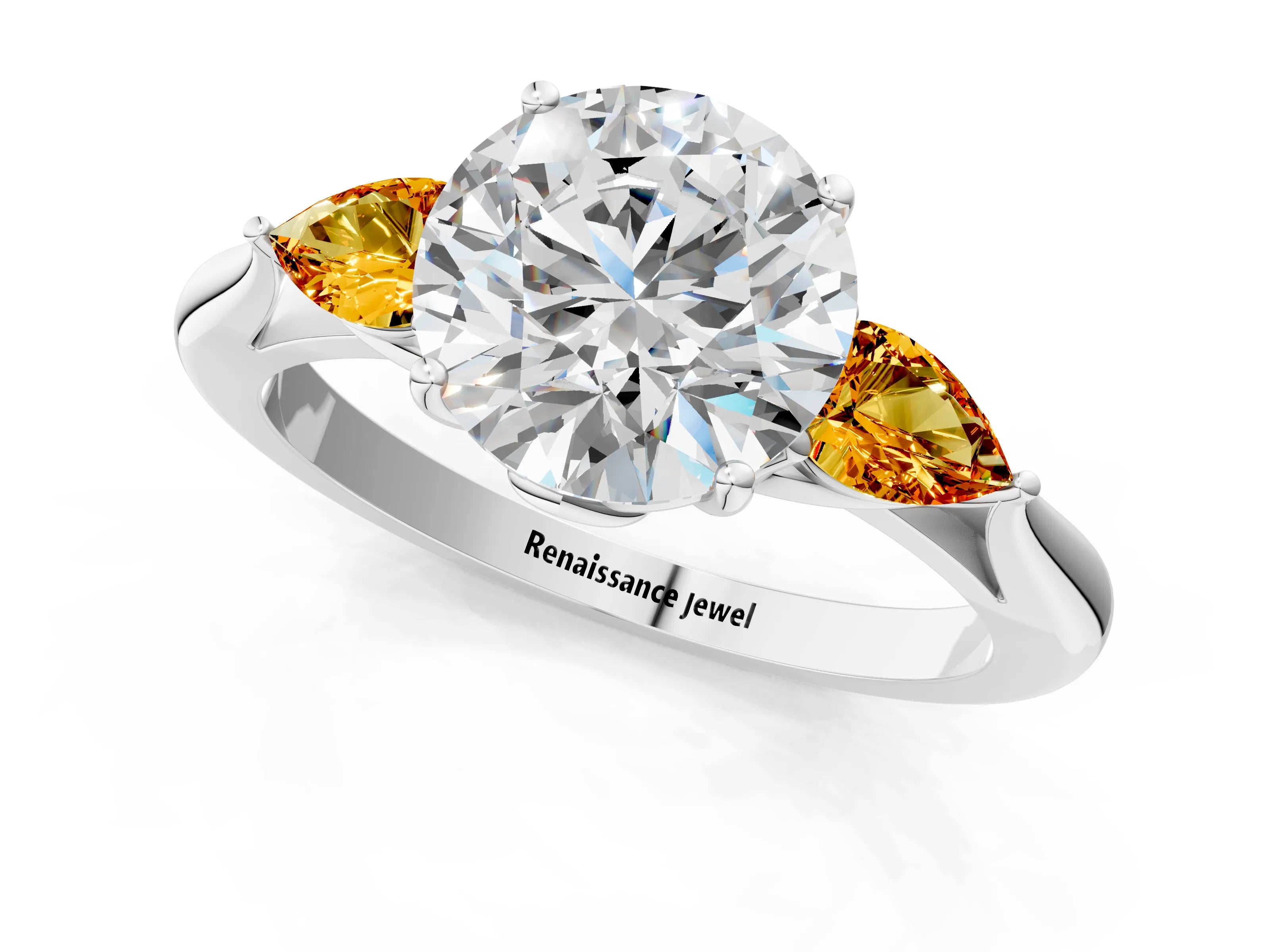 White gold Round Cut Diamond Three-Stone Ring with Pear with Citrine side stone Side Stones and Prong Setting_79