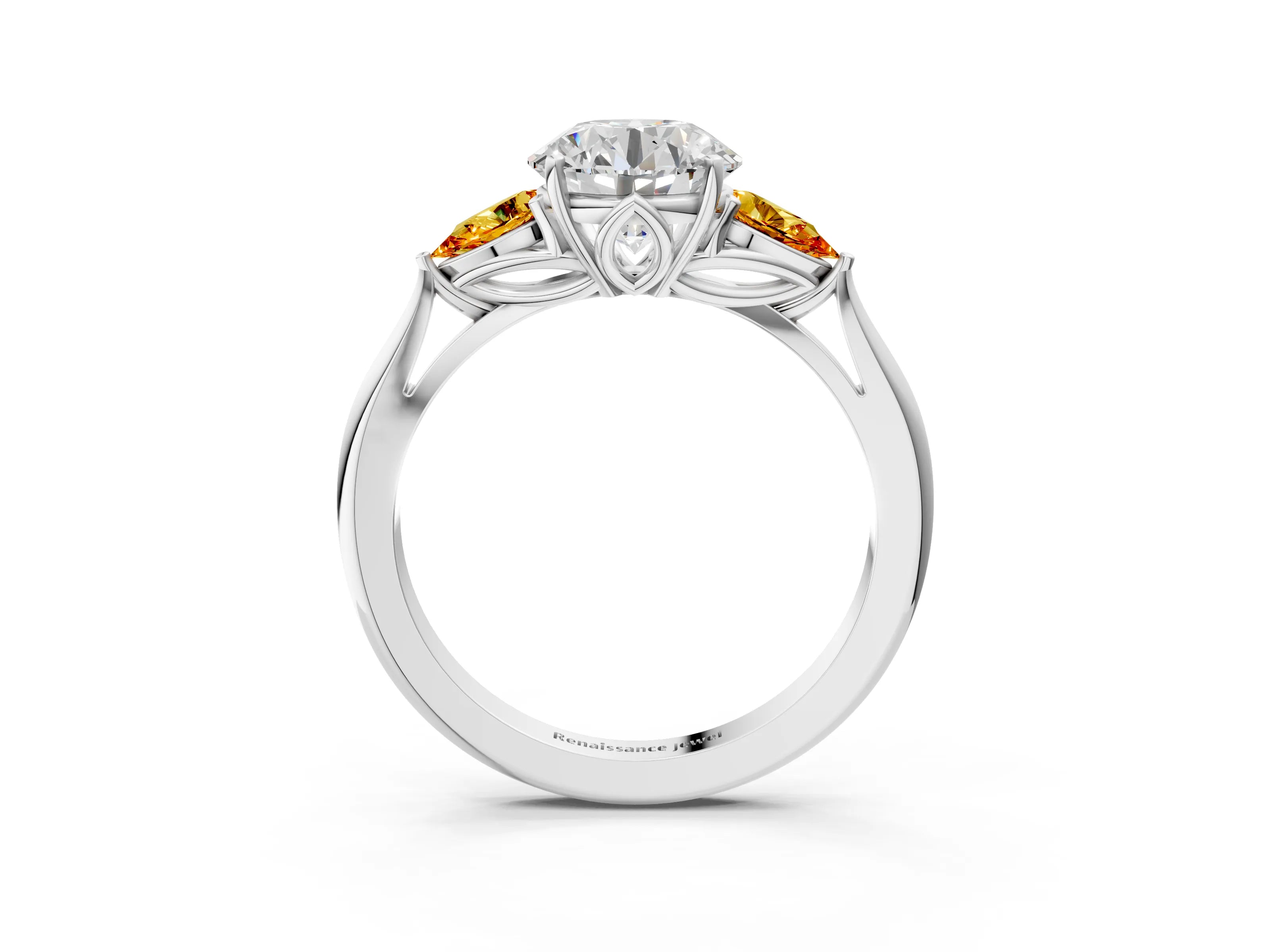 White gold Round Cut Diamond Three-Stone Ring with Pear with Citrine side stone Side Stones and Prong Setting_81