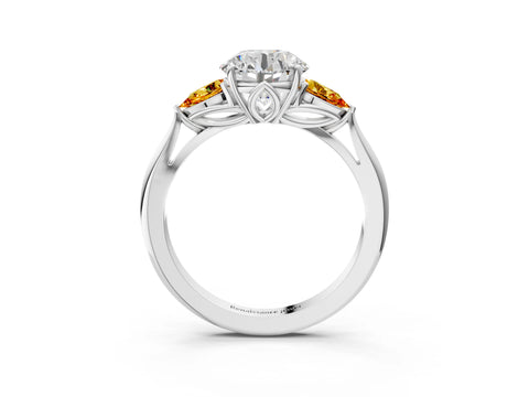 White gold Round Cut Diamond Three-Stone Ring with Pear with Citrine side stone Side Stones and Prong Setting_81