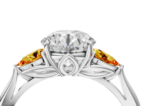 White gold Round Cut Diamond Three-Stone Ring with Pear with Citrine side stone Side Stones and Prong Setting_82