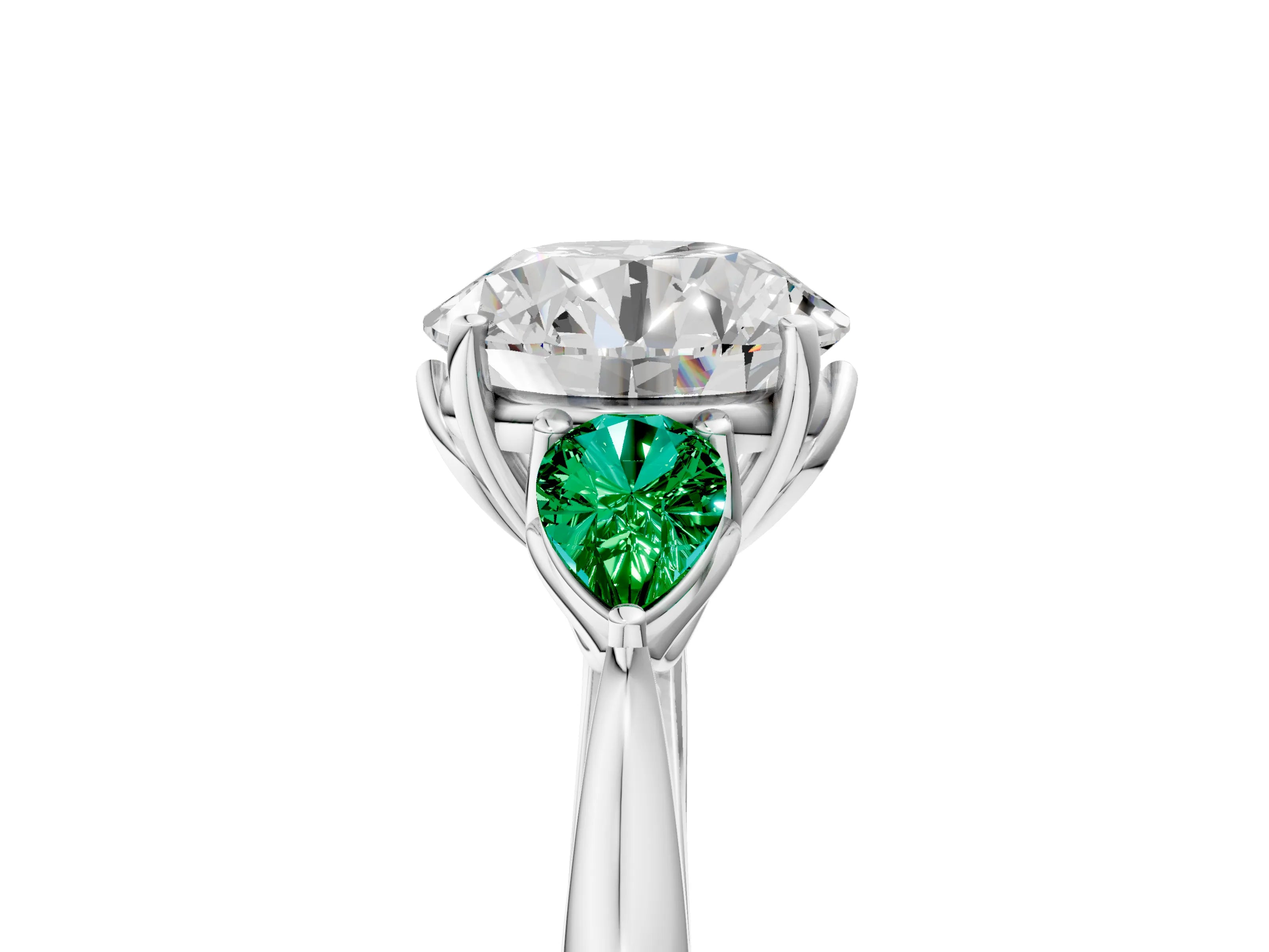 White gold Round Cut Diamond Three-Stone Ring with Pear with Emerald side stone Side Stones and Prong Setting_11