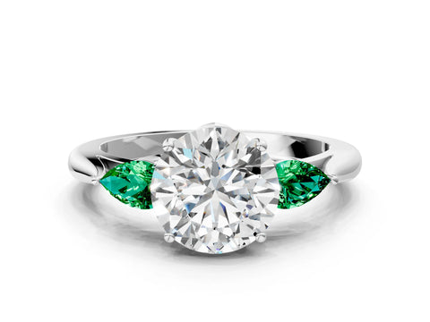 White gold Round Cut Diamond Three-Stone Ring with Pear with Emerald side stone Side Stones and Prong Setting_114