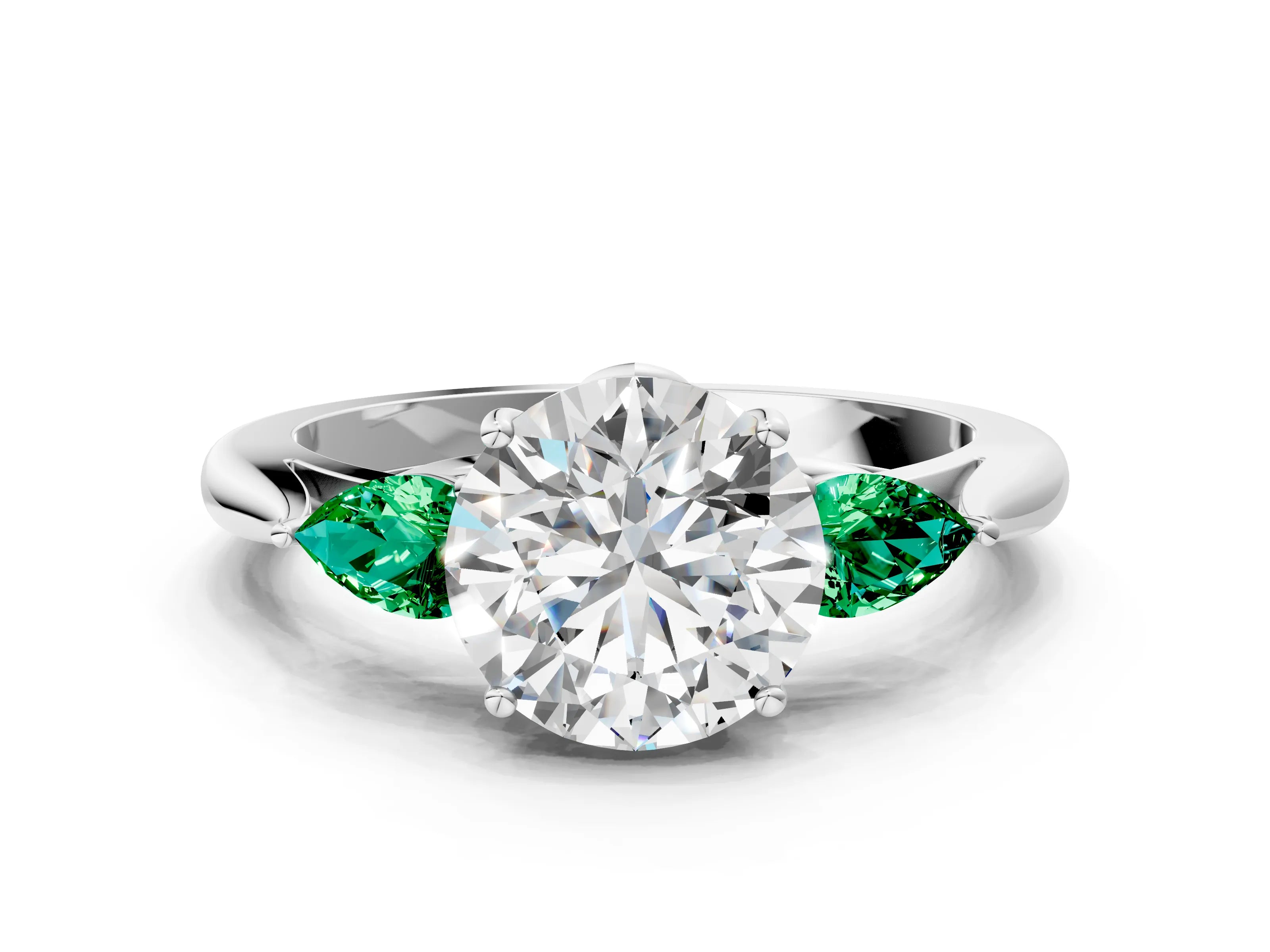 White gold Round Cut Diamond Three-Stone Ring with Pear with Emerald side stone Side Stones and Prong Setting_114