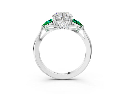 White gold Round Cut Diamond Three-Stone Ring with Pear with Emerald side stone Side Stones and Prong Setting_117