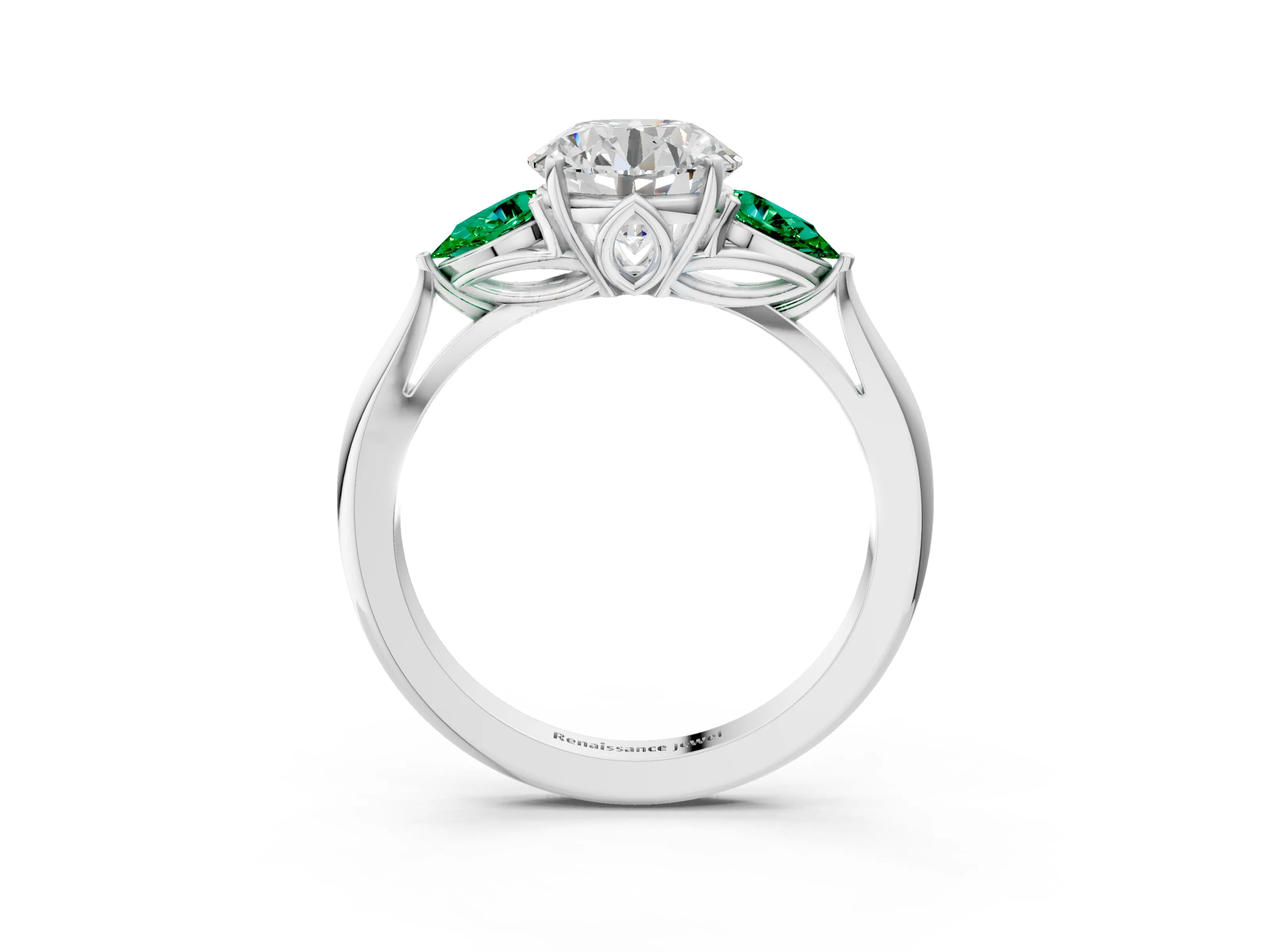 White gold Round Cut Diamond Three-Stone Ring with Pear with Emerald side stone Side Stones and Prong Setting_117
