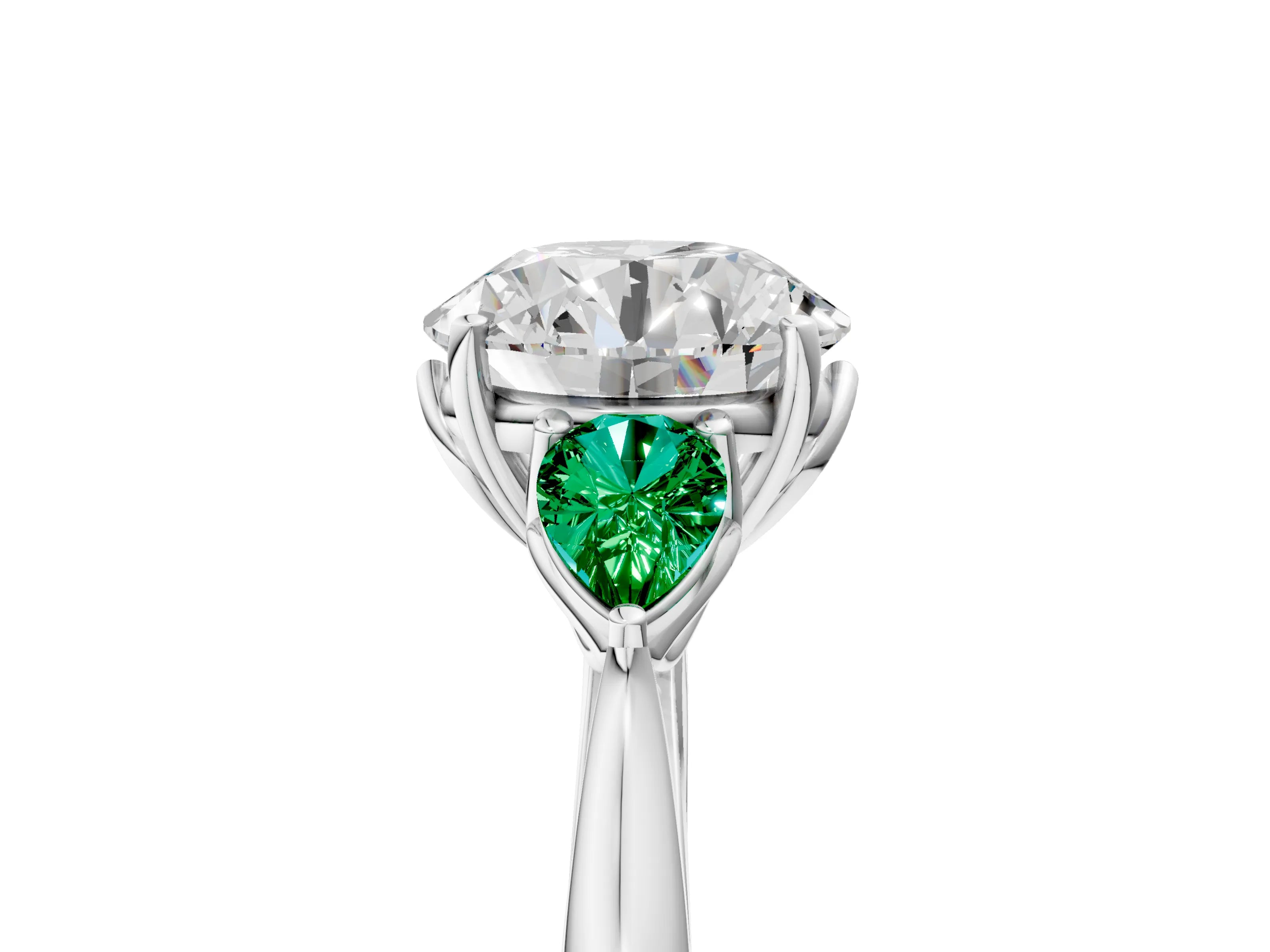 White gold Round Cut Diamond Three-Stone Ring with Pear with Emerald side stone Side Stones and Prong Setting_119