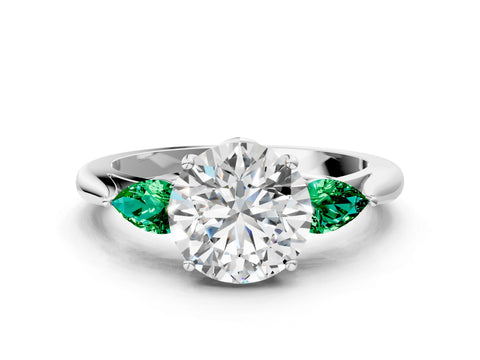 White gold Round Cut Diamond Three-Stone Ring with Pear with Emerald side stone Side Stones and Prong Setting_24