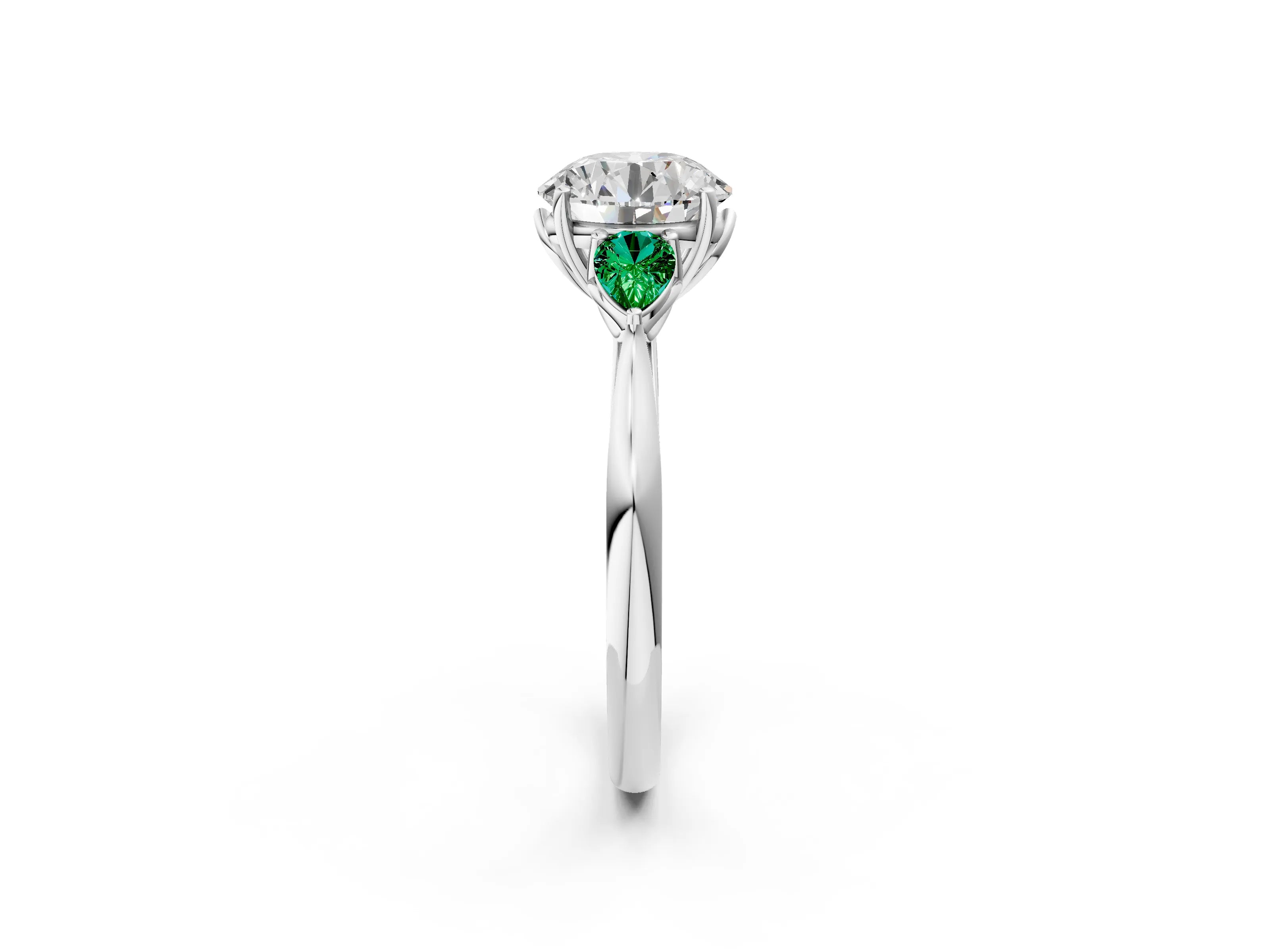 White gold Round Cut Diamond Three-Stone Ring with Pear with Emerald side stone Side Stones and Prong Setting_26