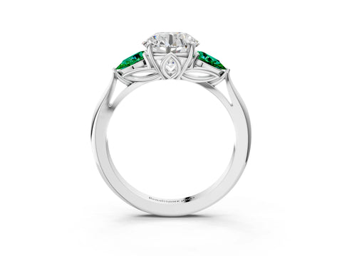 White gold Round Cut Diamond Three-Stone Ring with Pear with Emerald side stone Side Stones and Prong Setting_27