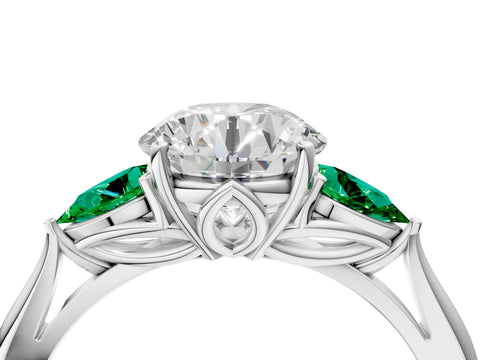 White gold Round Cut Diamond Three-Stone Ring with Pear with Emerald side stone Side Stones and Prong Setting_28