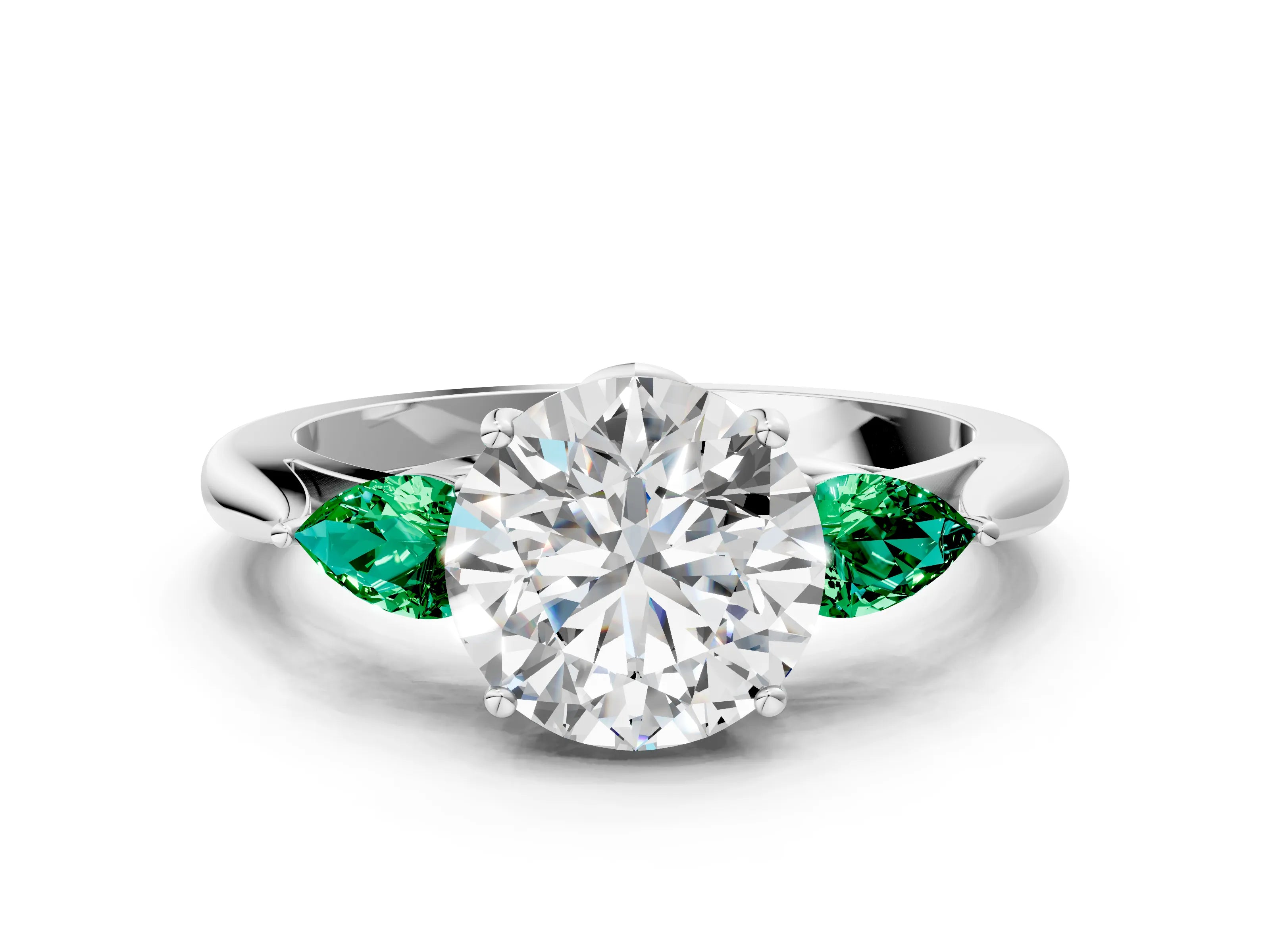 White gold Round Cut Diamond Three-Stone Ring with Pear with Emerald side stone Side Stones and Prong Setting_6