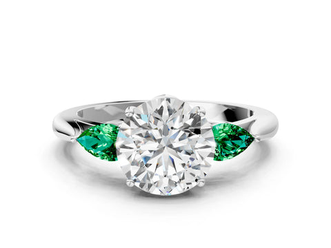 White gold Round Cut Diamond Three-Stone Ring with Pear with Emerald side stone Side Stones and Prong Setting_6