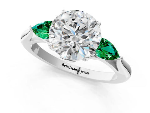 White gold Round Cut Diamond Three-Stone Ring with Pear with Emerald side stone Side Stones and Prong Setting_7