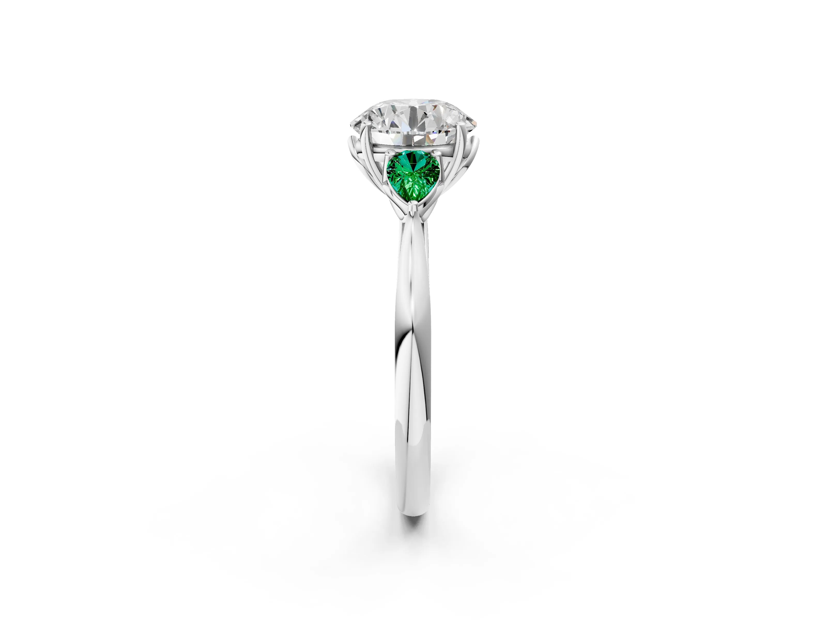 White gold Round Cut Diamond Three-Stone Ring with Pear with Emerald side stone Side Stones and Prong Setting_8