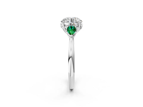 White gold Round Cut Diamond Three-Stone Ring with Pear with Emerald side stone Side Stones and Prong Setting_98