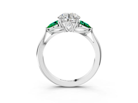 White gold Round Cut Diamond Three-Stone Ring with Pear with Emerald side stone Side Stones and Prong Setting_9