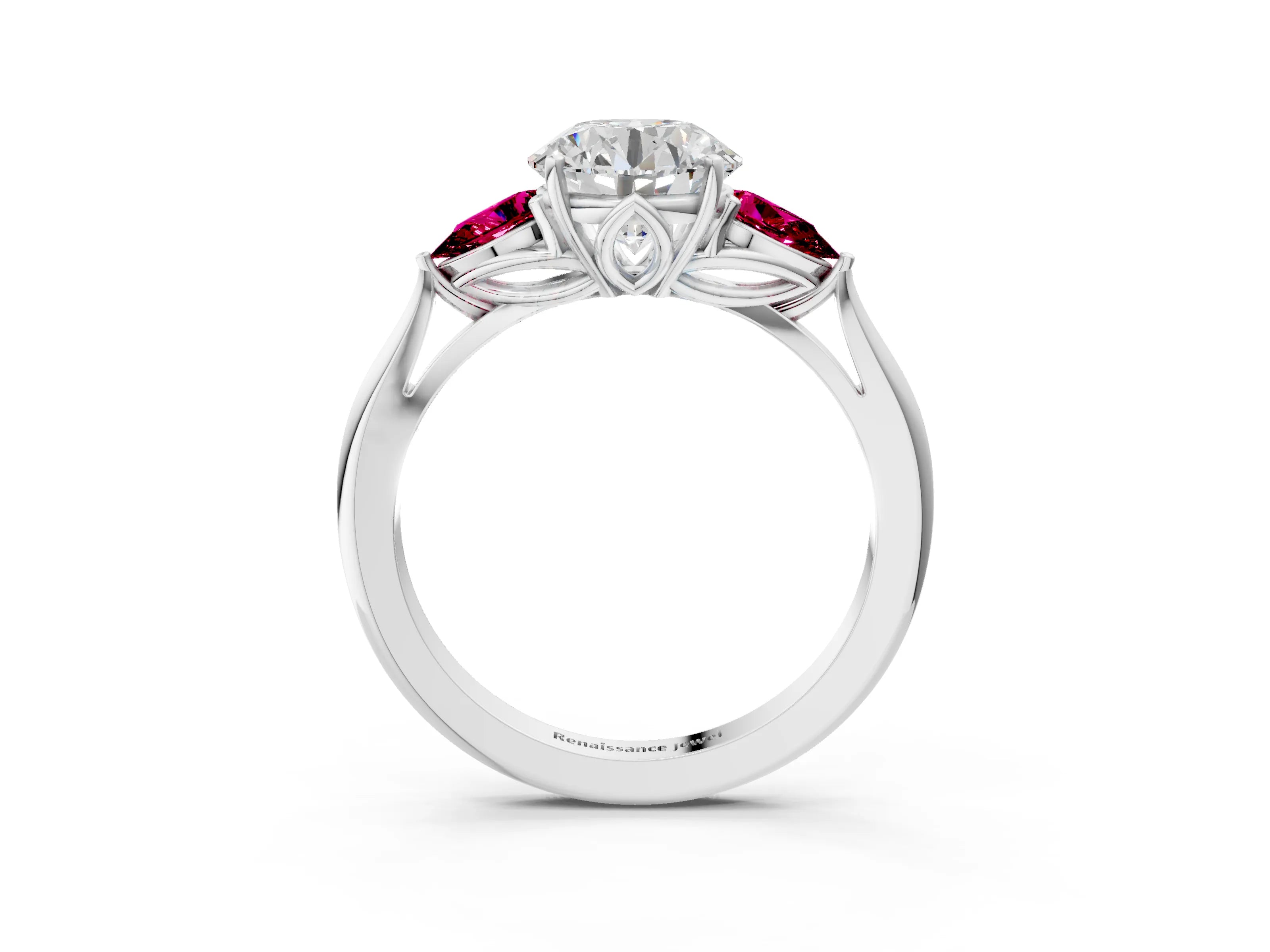 White gold Round Cut Diamond Three-Stone Ring with Pear with Garnet side stone Side Stones and Prong Setting_129
