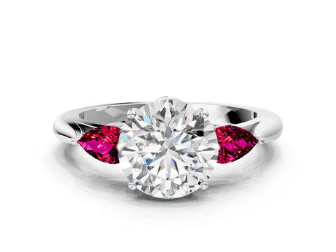White gold Round Cut Diamond Three-Stone Ring with Pear with Garnet side stone Side Stones and Prong Setting_138