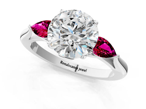 White gold Round Cut Diamond Three-Stone Ring with Pear with Garnet side stone Side Stones and Prong Setting_139