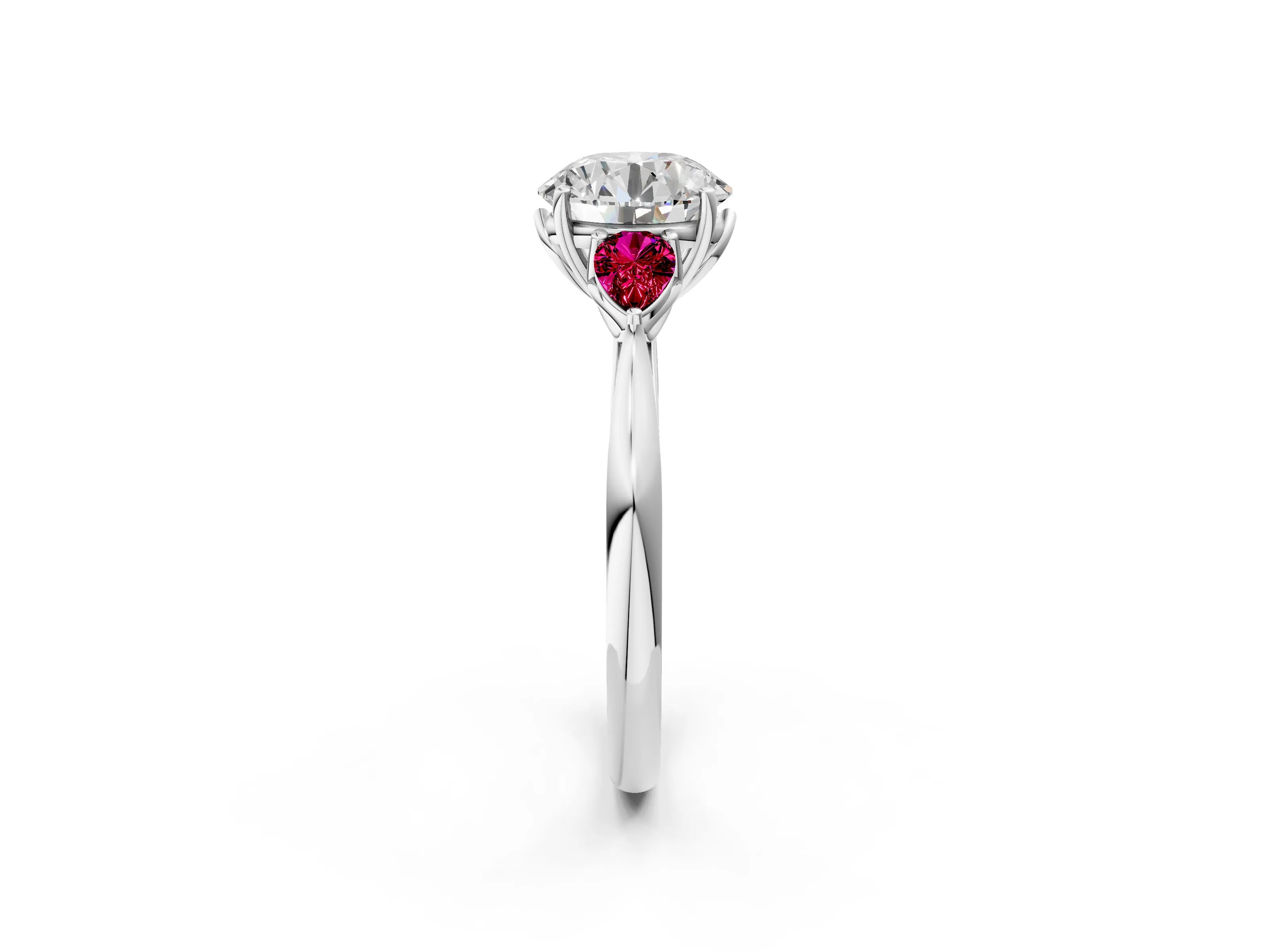 White gold Round Cut Diamond Three-Stone Ring with Pear with Garnet side stone Side Stones and Prong Setting_32