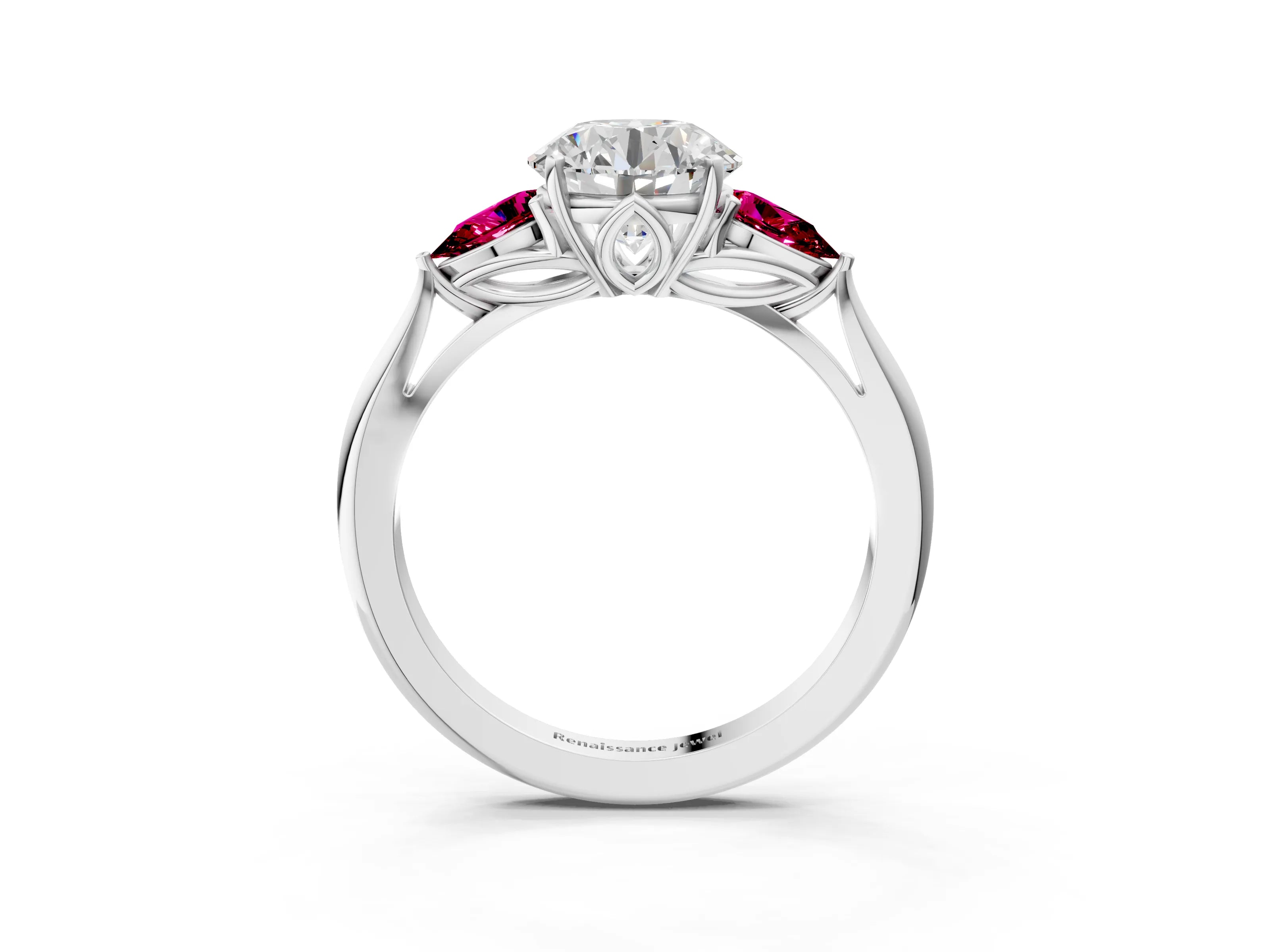 White gold Round Cut Diamond Three-Stone Ring with Pear with Garnet side stone Side Stones and Prong Setting_33