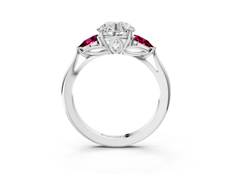 White gold Round Cut Diamond Three-Stone Ring with Pear with Garnet side stone Side Stones and Prong Setting_33