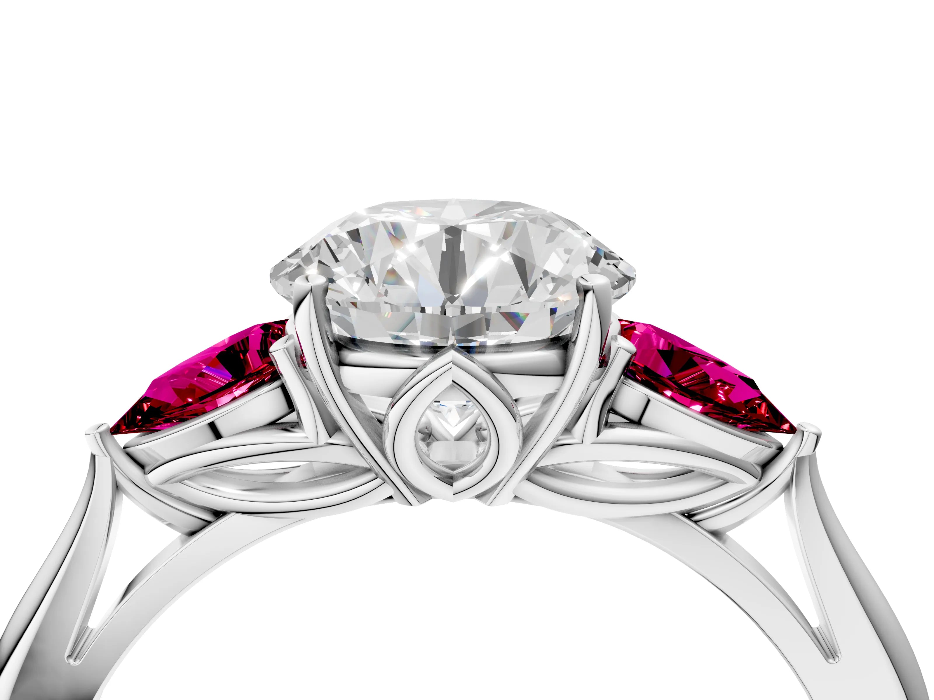White gold Round Cut Diamond Three-Stone Ring with Pear with Garnet side stone Side Stones and Prong Setting_34