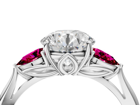 White gold Round Cut Diamond Three-Stone Ring with Pear with Garnet side stone Side Stones and Prong Setting_34