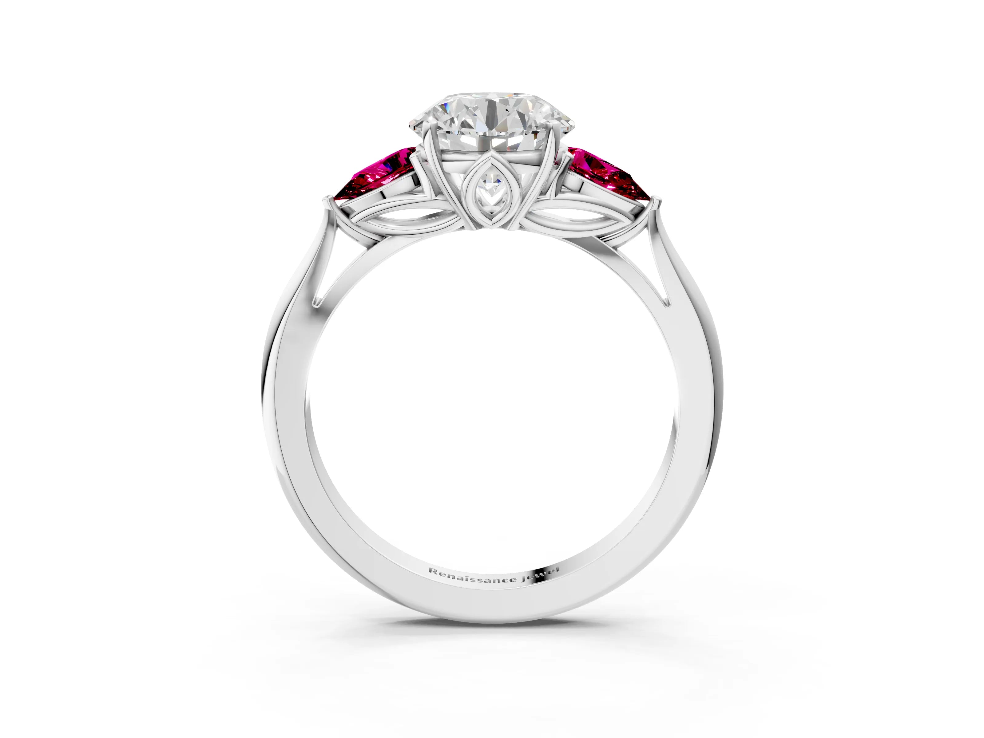 White gold Round Cut Diamond Three-Stone Ring with Pear with Garnet side stone Side Stones and Prong Setting_39