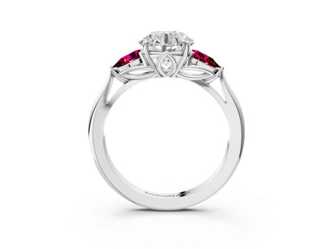 White gold Round Cut Diamond Three-Stone Ring with Pear with Garnet side stone Side Stones and Prong Setting_39