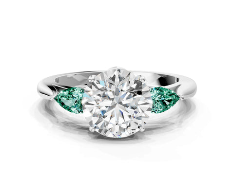 White gold Round Cut Diamond Three-Stone Ring with Pear with Green Sapphire side stone Side Stones and Prong Setting_42