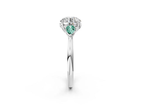 White gold Round Cut Diamond Three-Stone Ring with Pear with Green Sapphire side stone Side Stones and Prong Setting_44