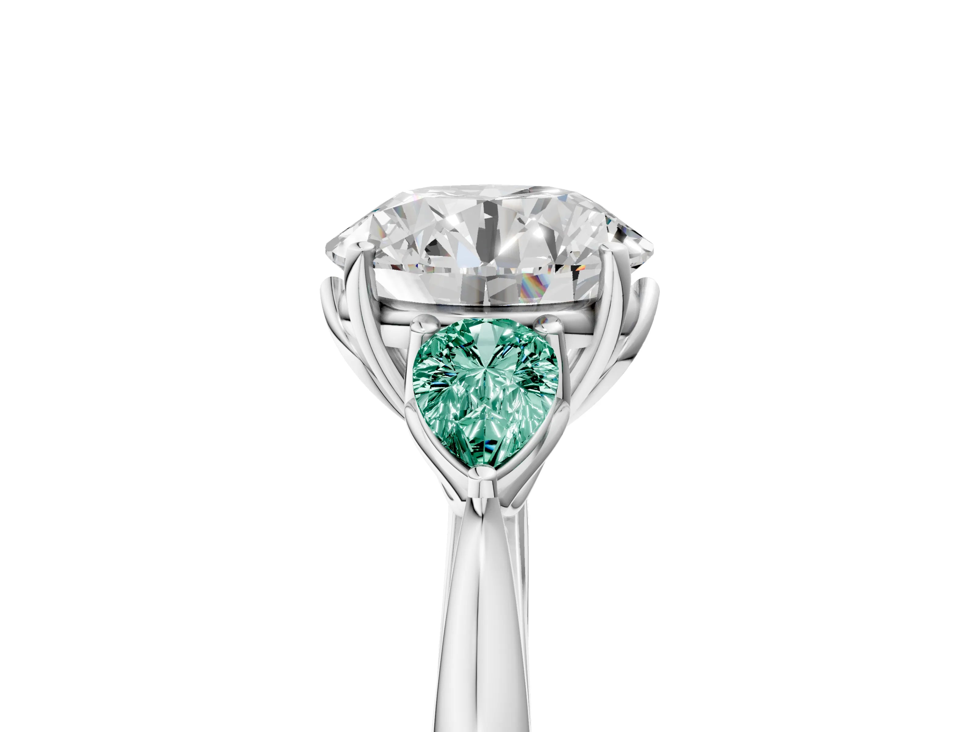 White gold Round Cut Diamond Three-Stone Ring with Pear with Green Sapphire side stone Side Stones and Prong Setting_47