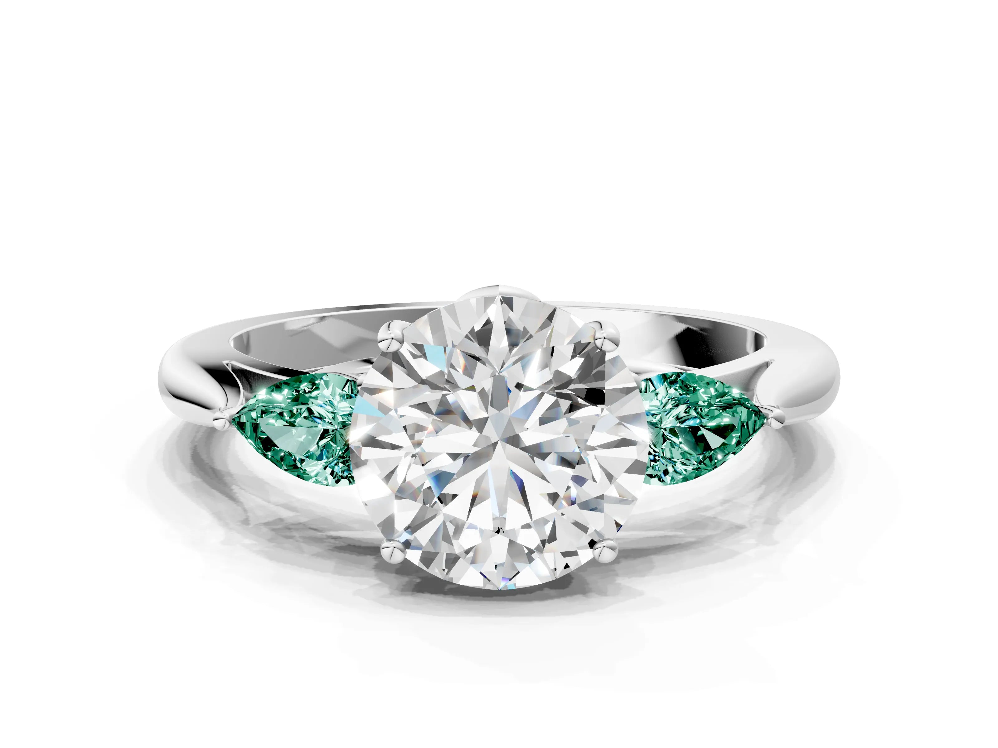 White gold Round Cut Diamond Three-Stone Ring with Pear with Green Sapphire side stone Side Stones and Prong Setting_48