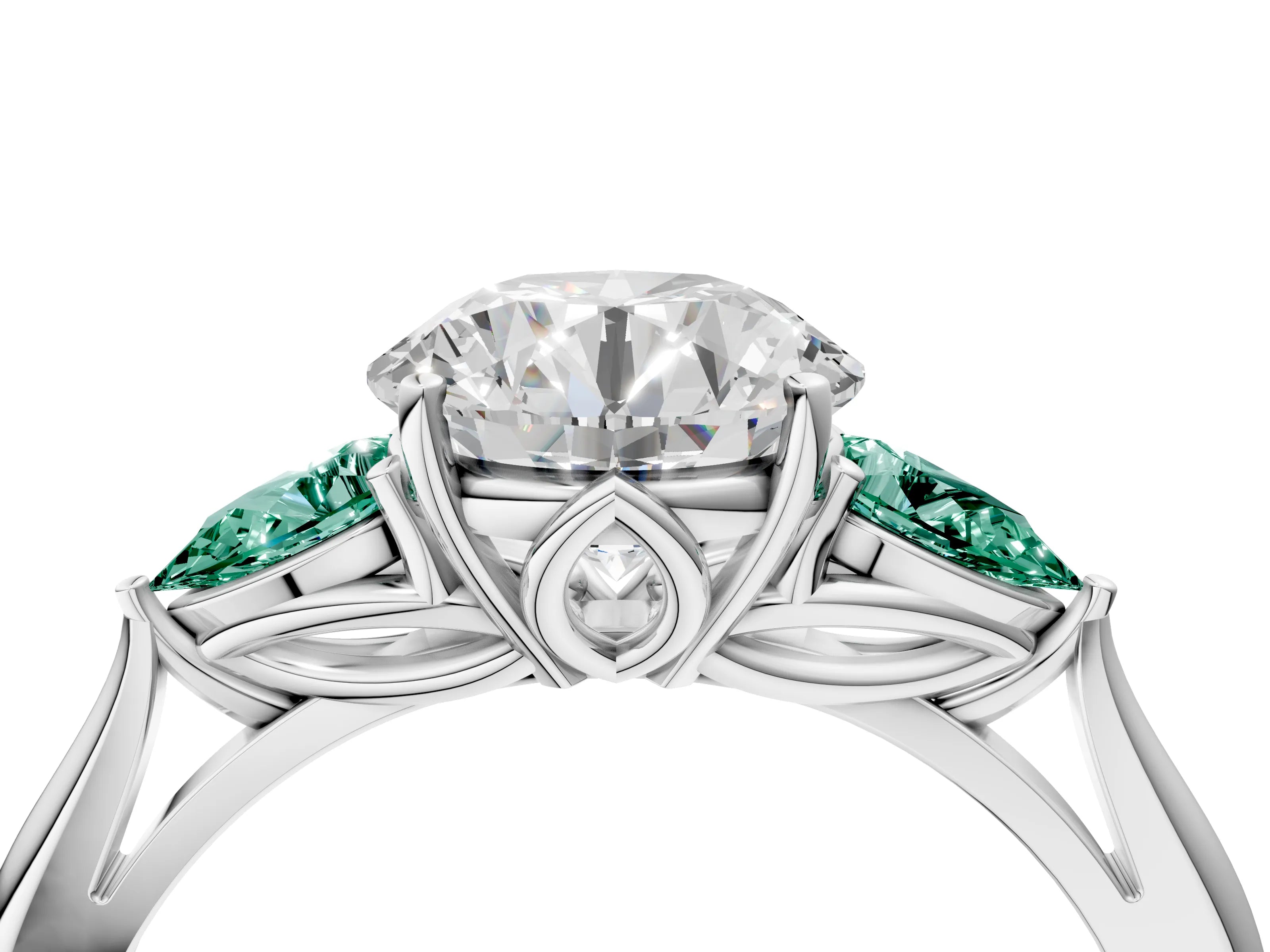 White gold Round Cut Diamond Three-Stone Ring with Pear with Green Sapphire side stone Side Stones and Prong Setting_50