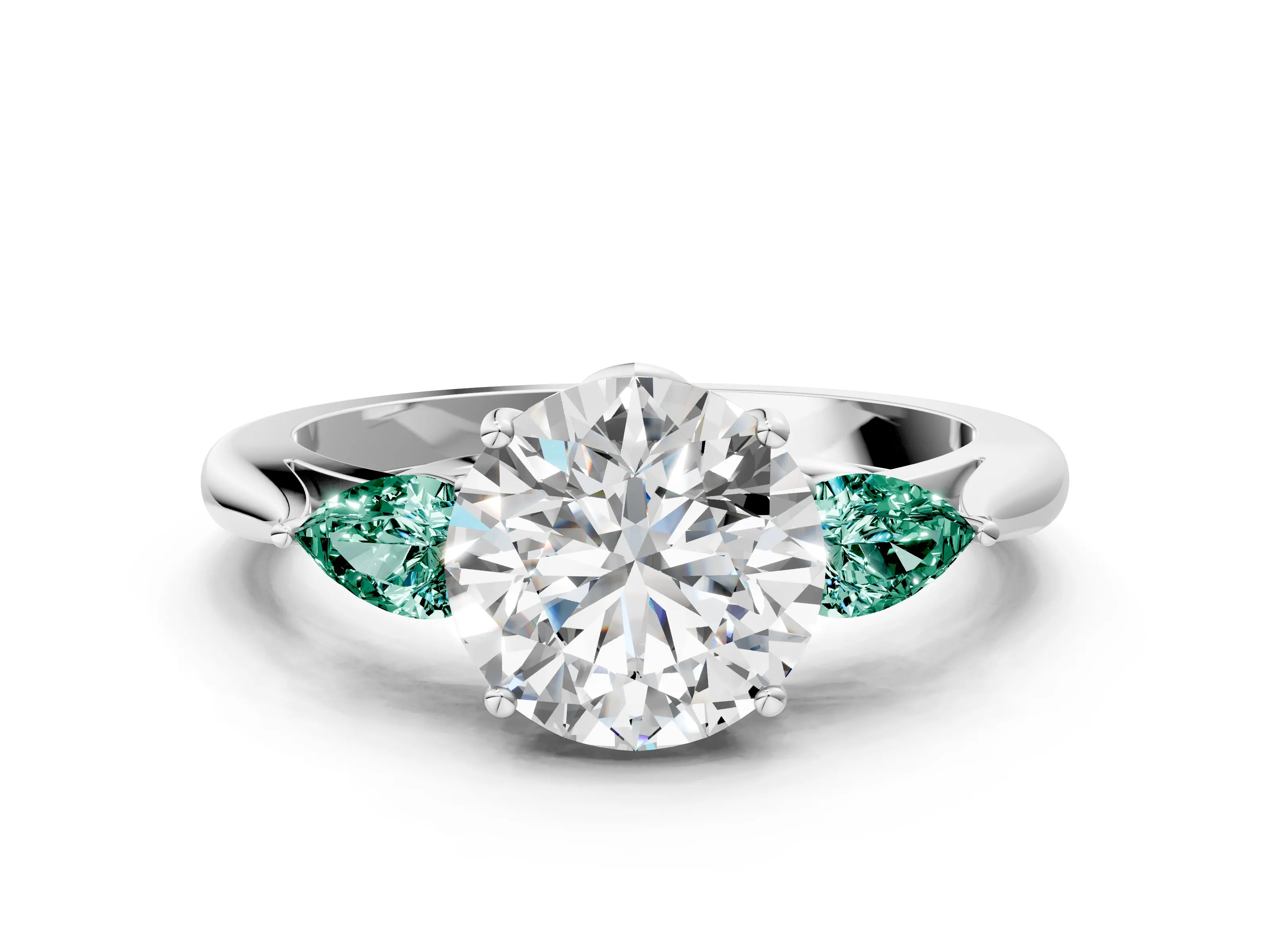 White gold Round Cut Diamond Three-Stone Ring with Pear with Green Sapphire side stone Side Stones and Prong Setting_72