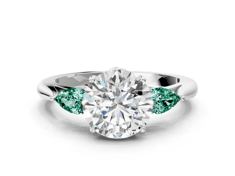 White gold Round Cut Diamond Three-Stone Ring with Pear with Green Sapphire side stone Side Stones and Prong Setting_72