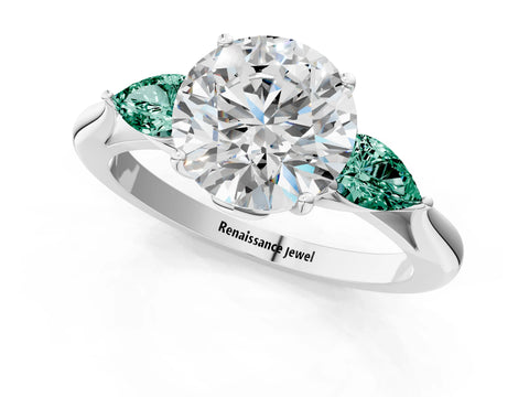 White gold Round Cut Diamond Three-Stone Ring with Pear with Green Sapphire side stone Side Stones and Prong Setting_73
