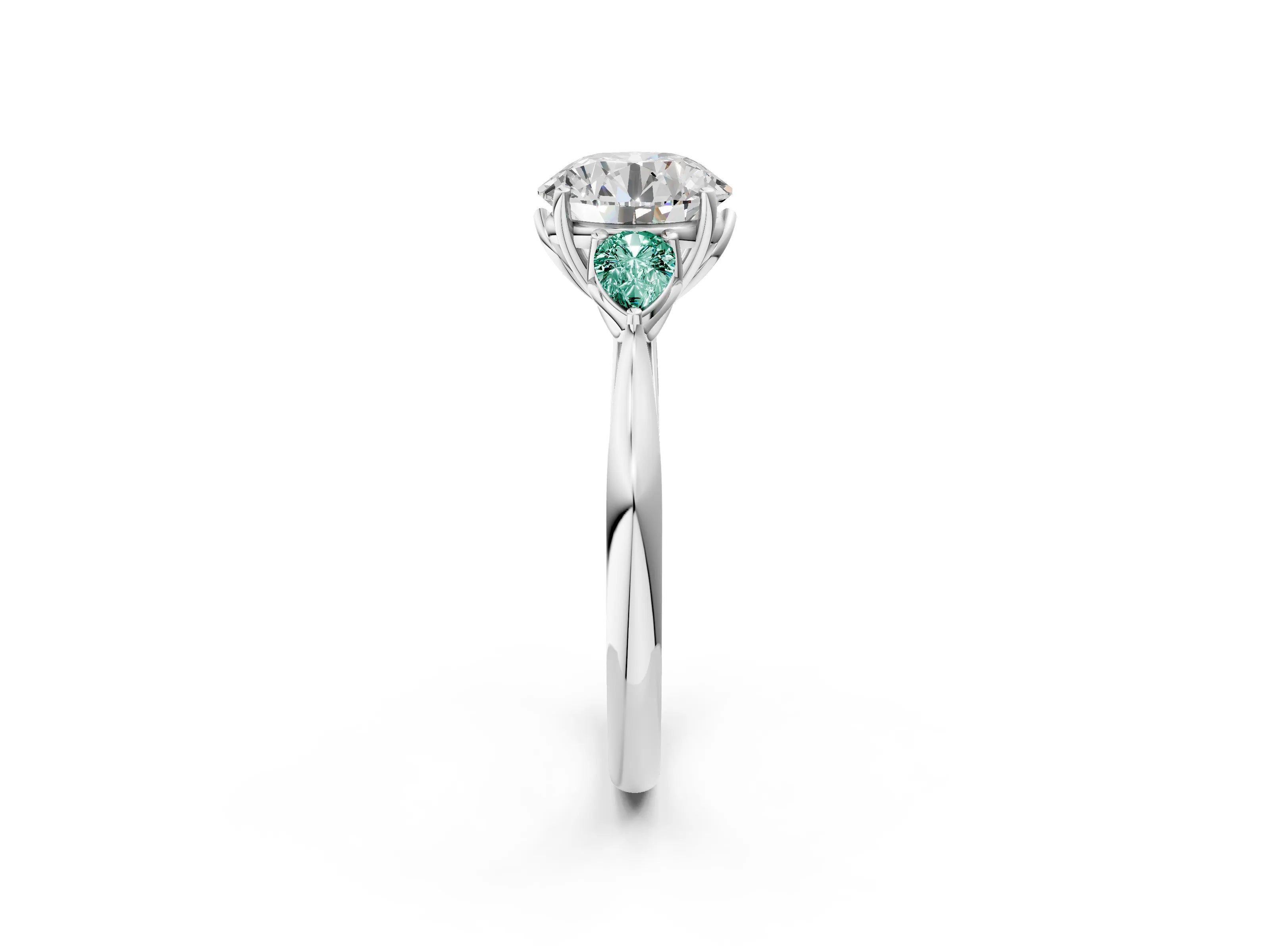 White gold Round Cut Diamond Three-Stone Ring with Pear with Green Sapphire side stone Side Stones and Prong Setting_74