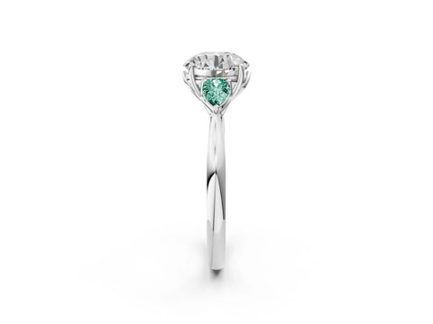 White gold Round Cut Diamond Three-Stone Ring with Pear with Green Sapphire side stone Side Stones and Prong Setting_74
